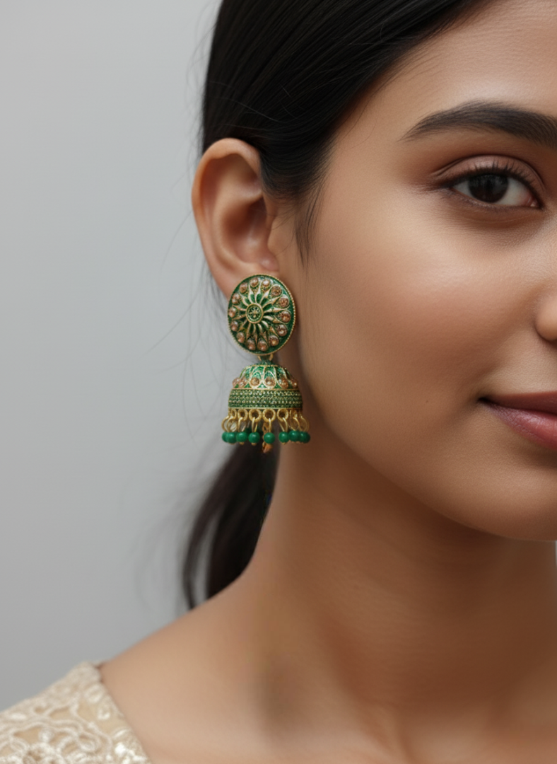 Red Crystal Studded Jhumka Earrings