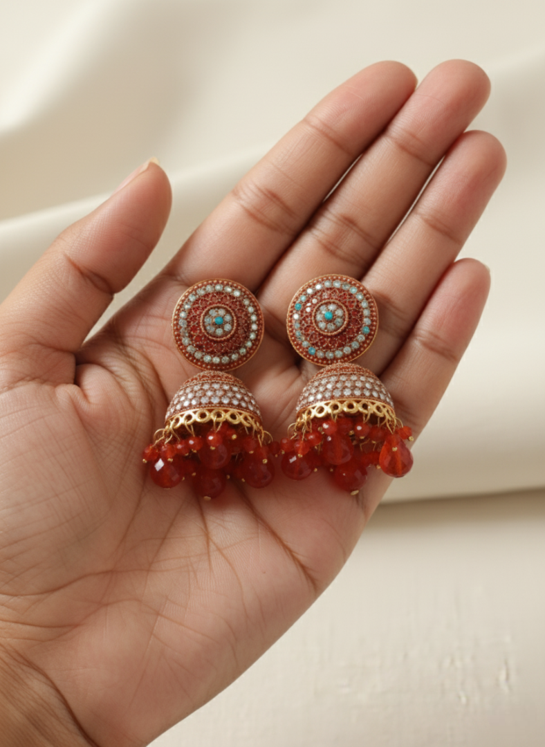 Red Crystal Studded Jhumka Earrings