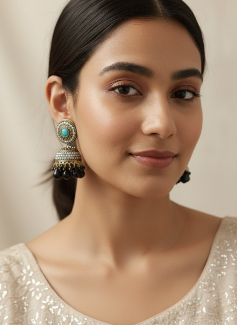 Black Beaded Stone Jhumka Earrings