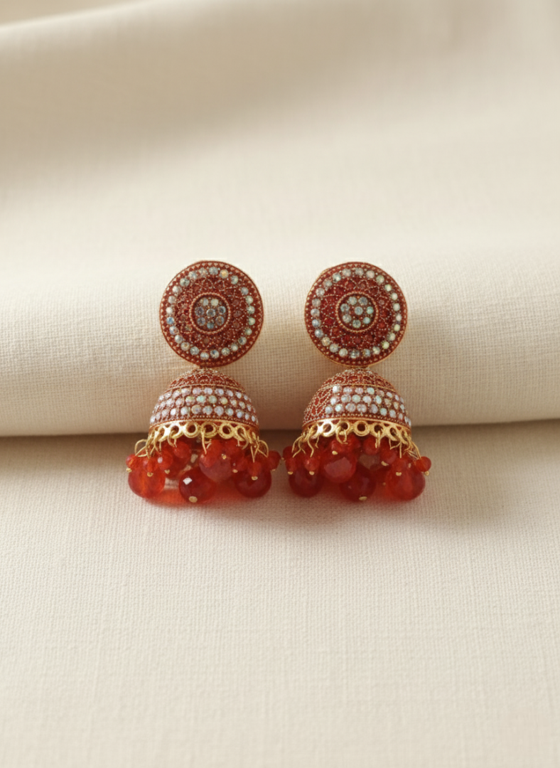 Red Crystal Studded Jhumka Earrings