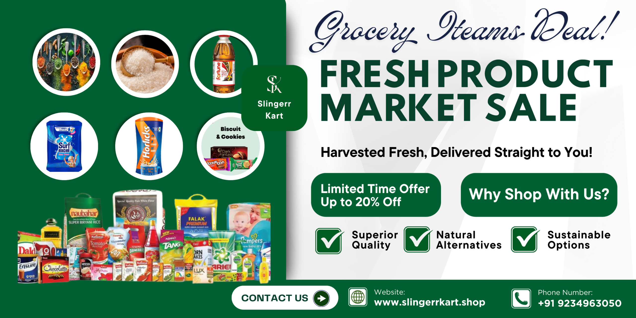 Green and White Modern Fresh Product Market Sale Banner
