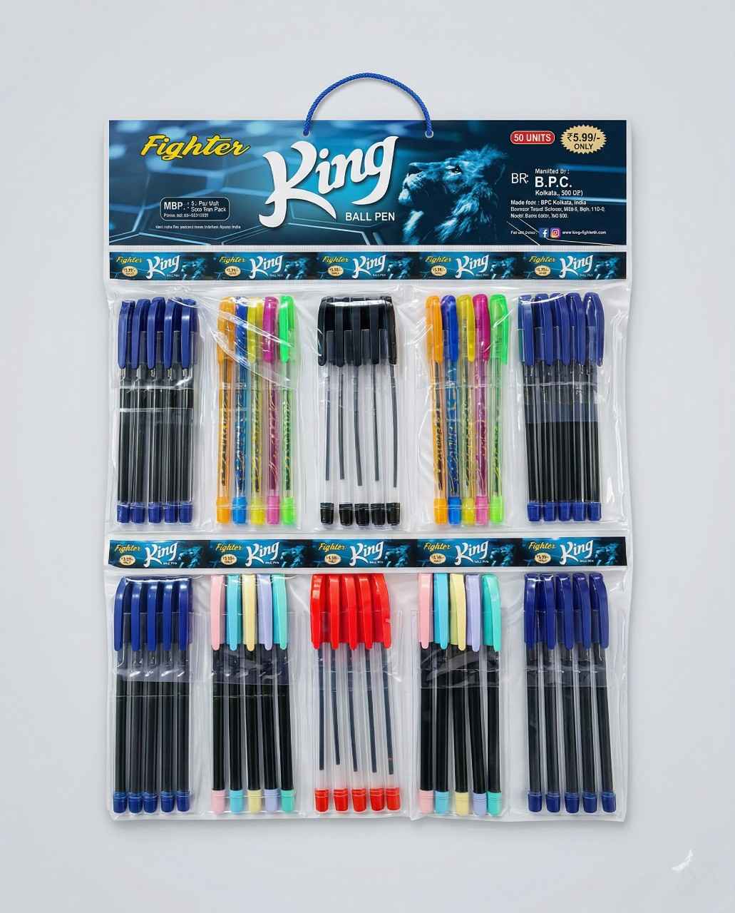 Fighter King Ball Pen Pack (50 Units, Multicolor & Blue Ink)